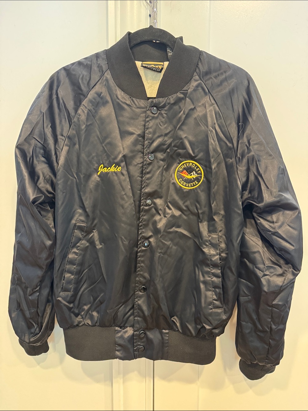Chevrolet Corvette Auburn Satin Bomber Jacket USA Vintage Black, Size Small